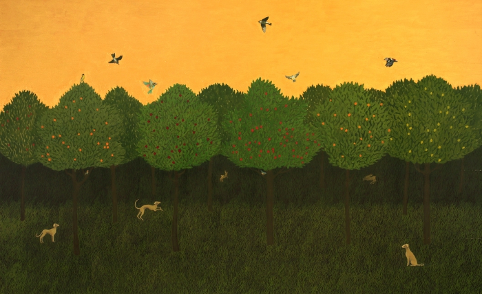 The Orchard with a gold sky  2012,  49x80